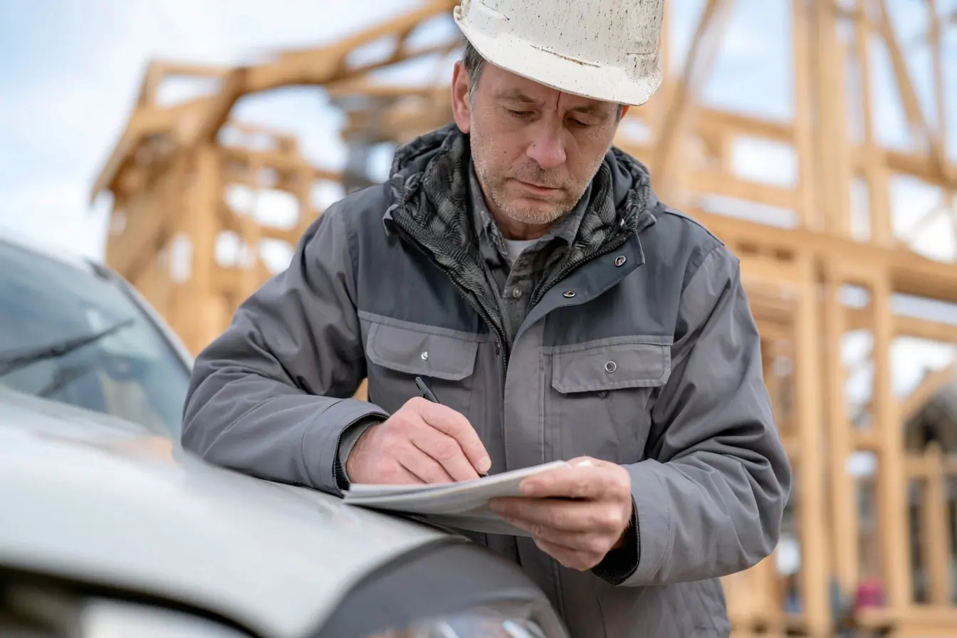Artisan lisant un contrat sur chantier