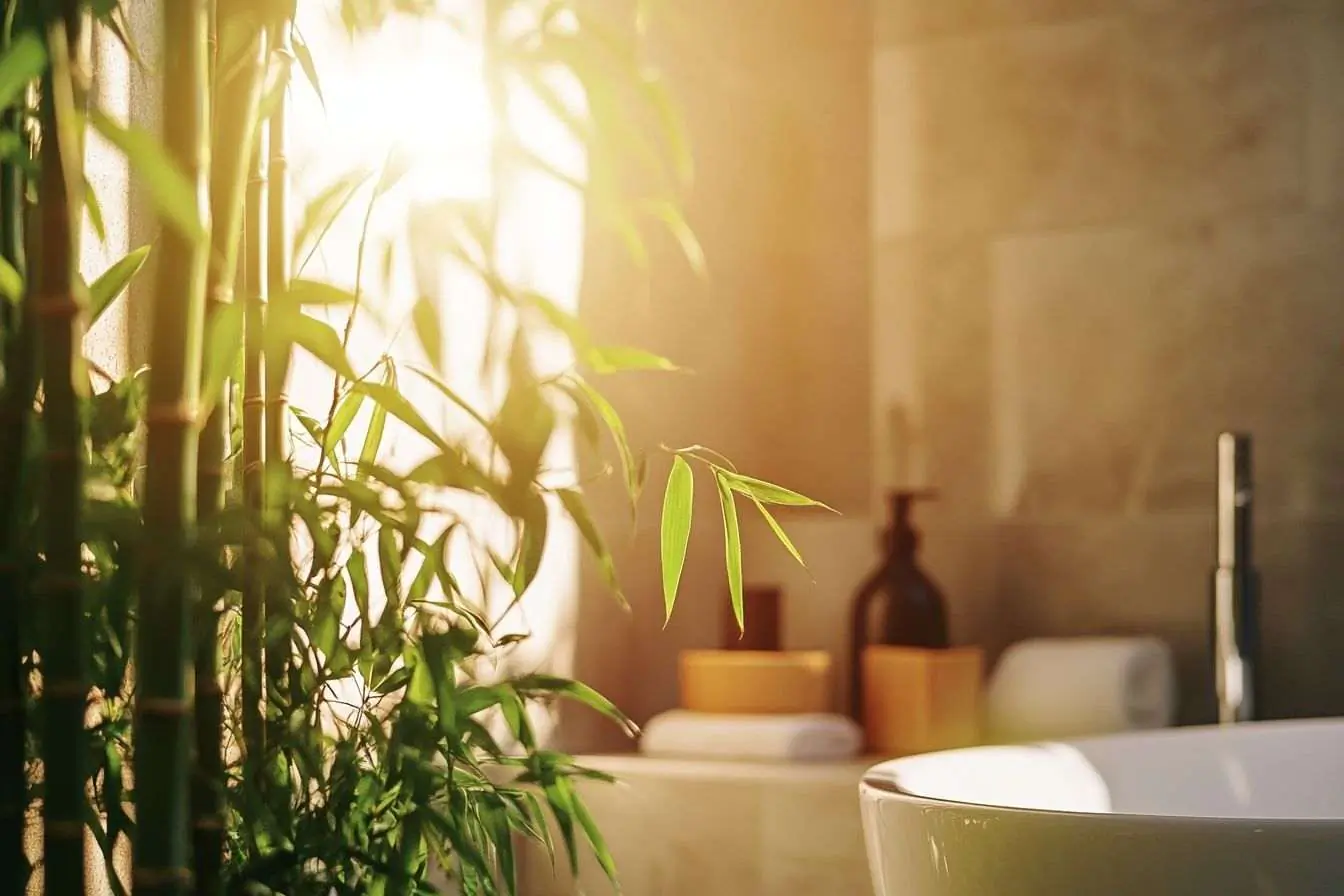 Belles plantes de bambou intégrées à la déco de la salle de bain pour une ambiance relaxante.