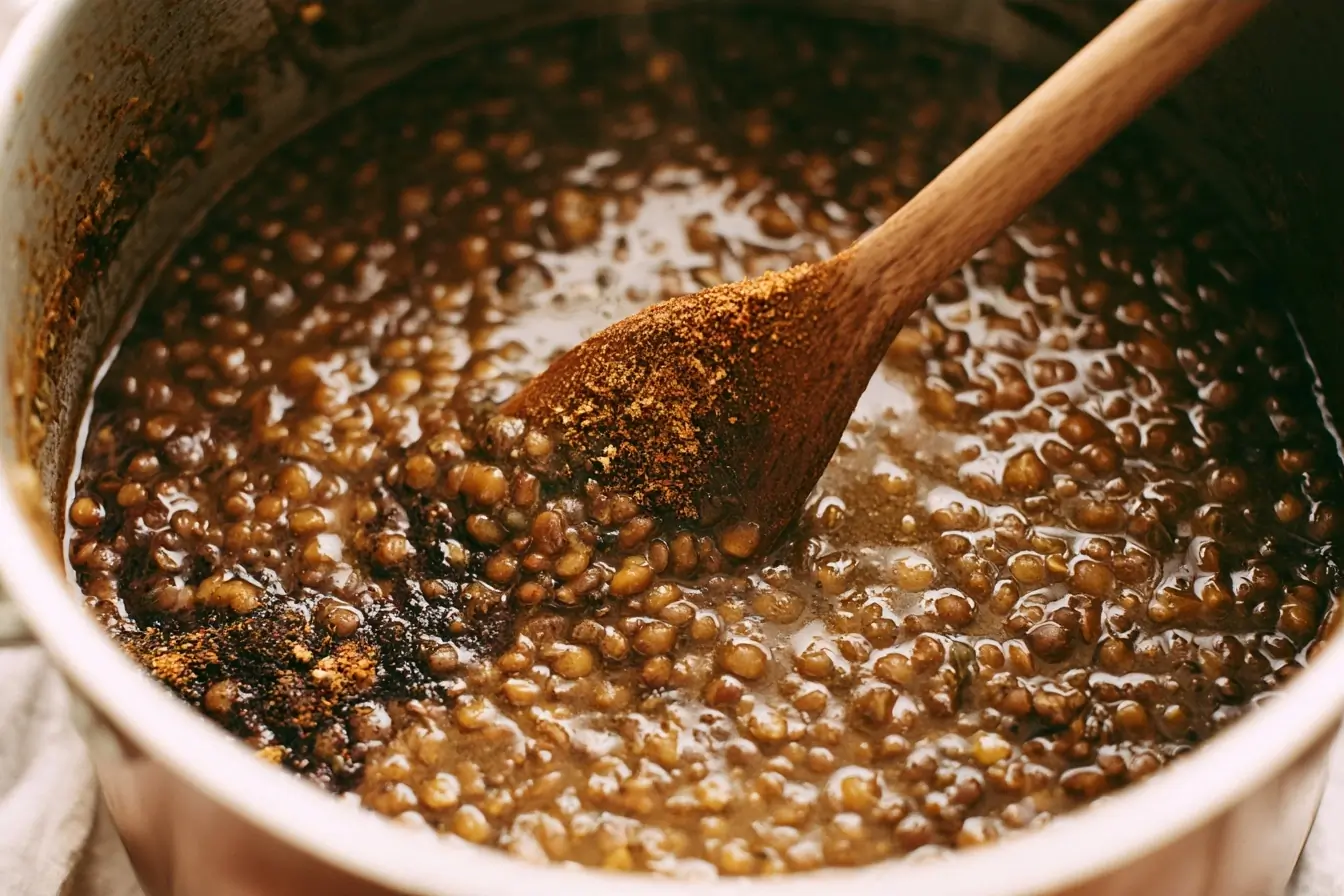 Cuillère dans une casserole de dahl