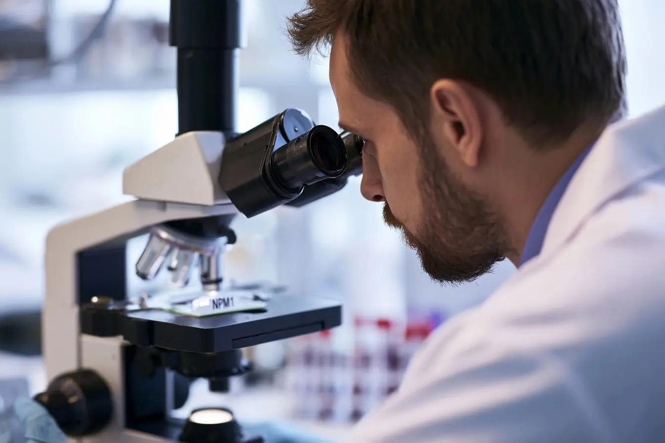 Chercheuse au microscope près d’une lame NPM1