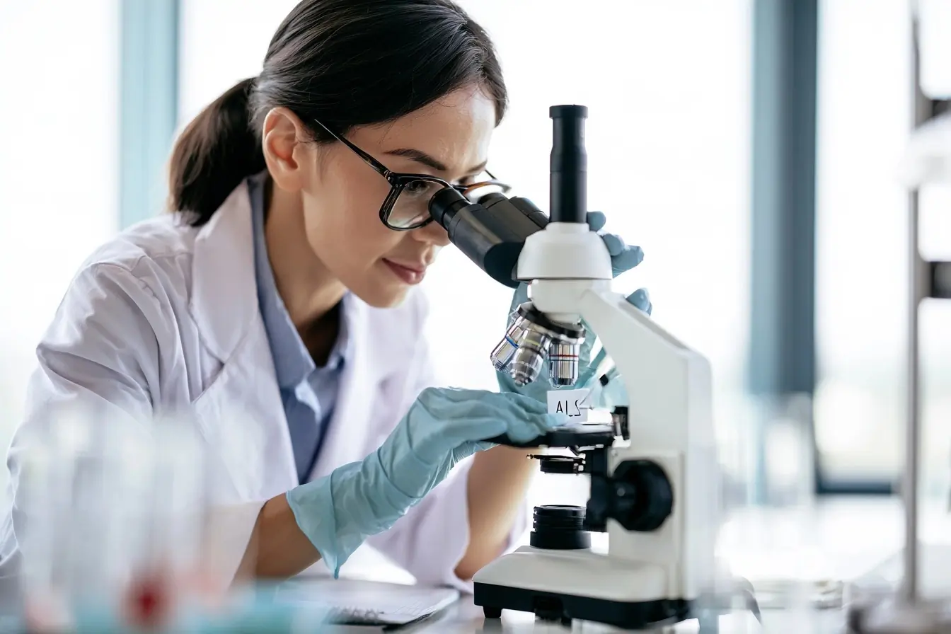 Chercheuse au microscope sur la SLA