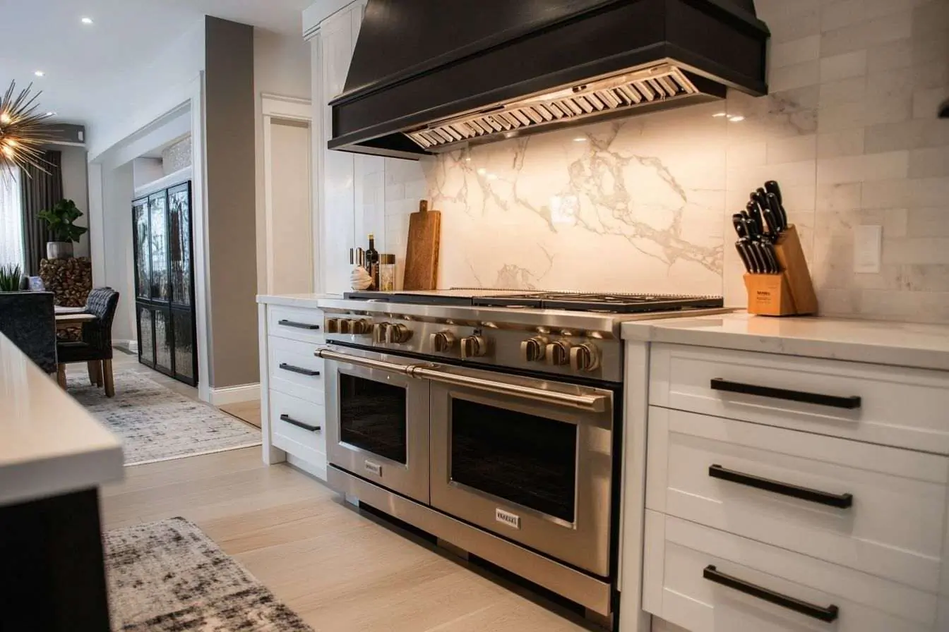 Vue d'ensemble d'une cuisine contemporaine où la porte de four élégante est le point central du design.