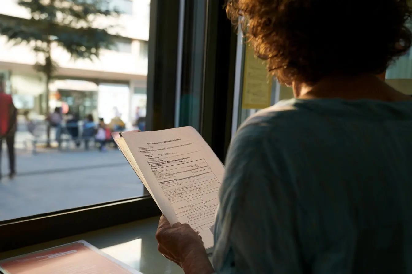 Femme au guichet avec dossier de pension