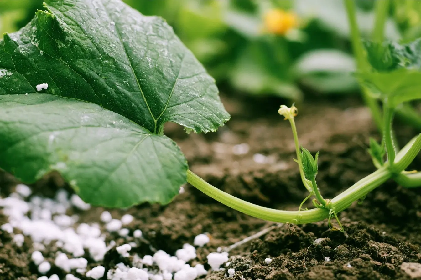 Feuille de courge sur terre fertilisée