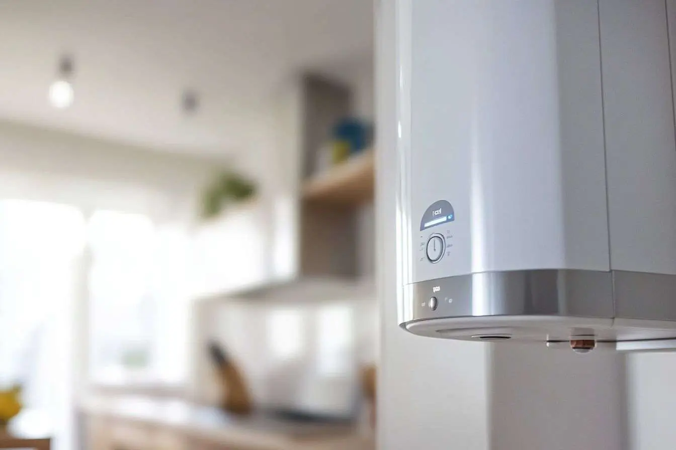 Image d'un chauffe-eau contemporain au design raffiné avec un écran numérique intégré, placé dans une cuisine bien éclairée