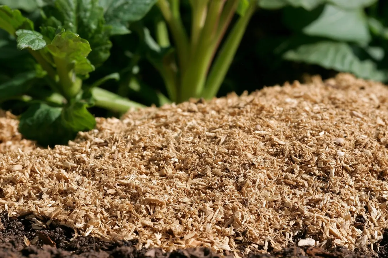 Sciure en paillis au pied d’une plante