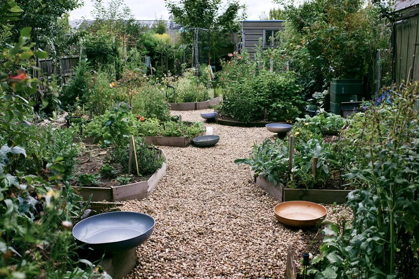 Jardin familial avec poêles recyclées
