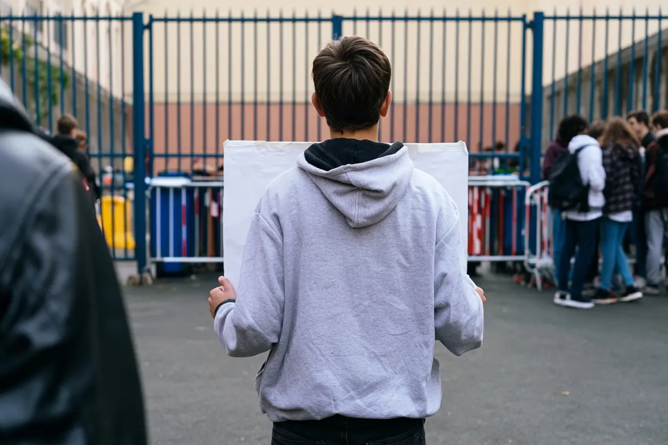 Lycéen devant un portail de lycée bloqué