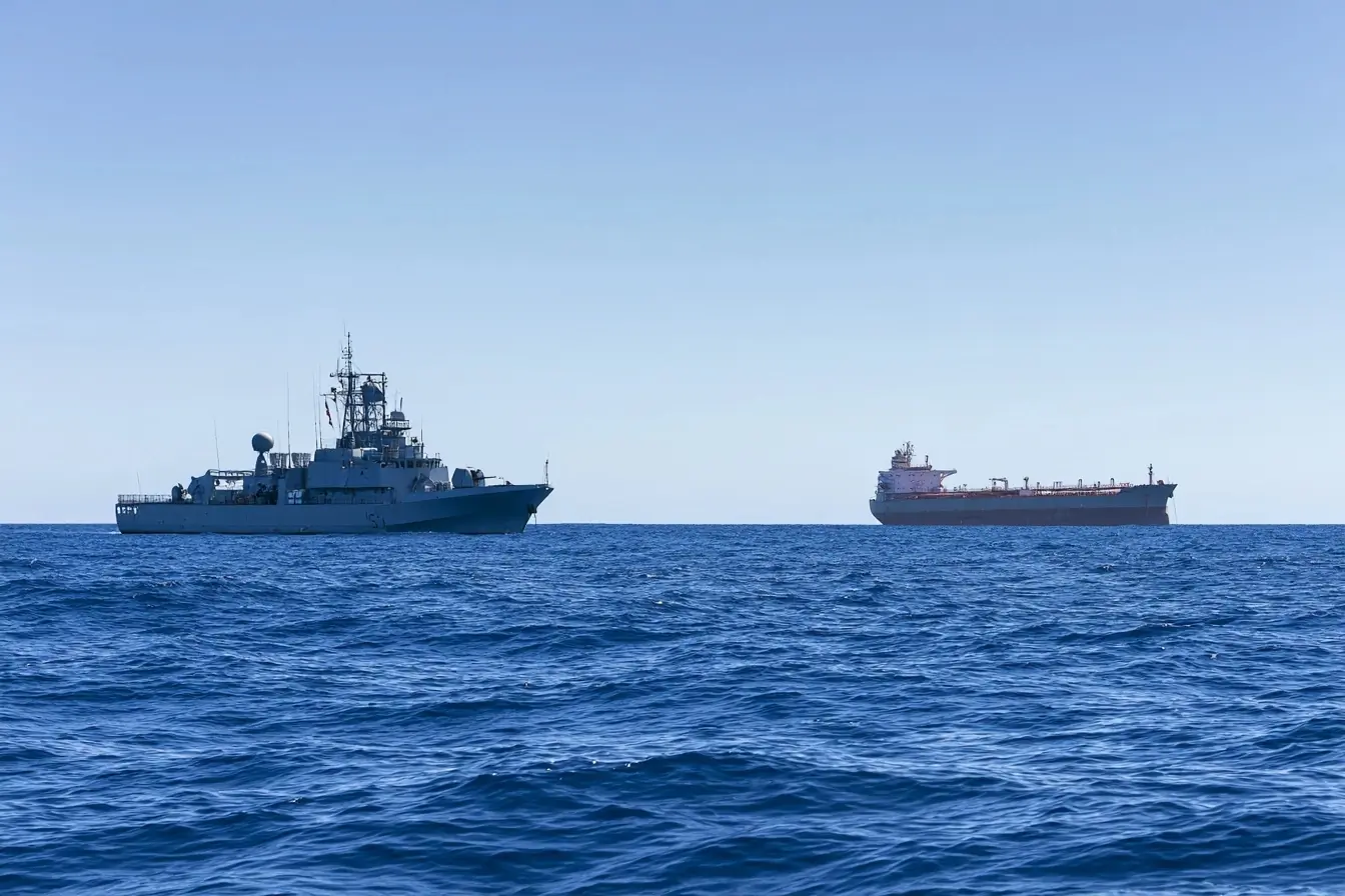 Navire militaire et pétrolier au large