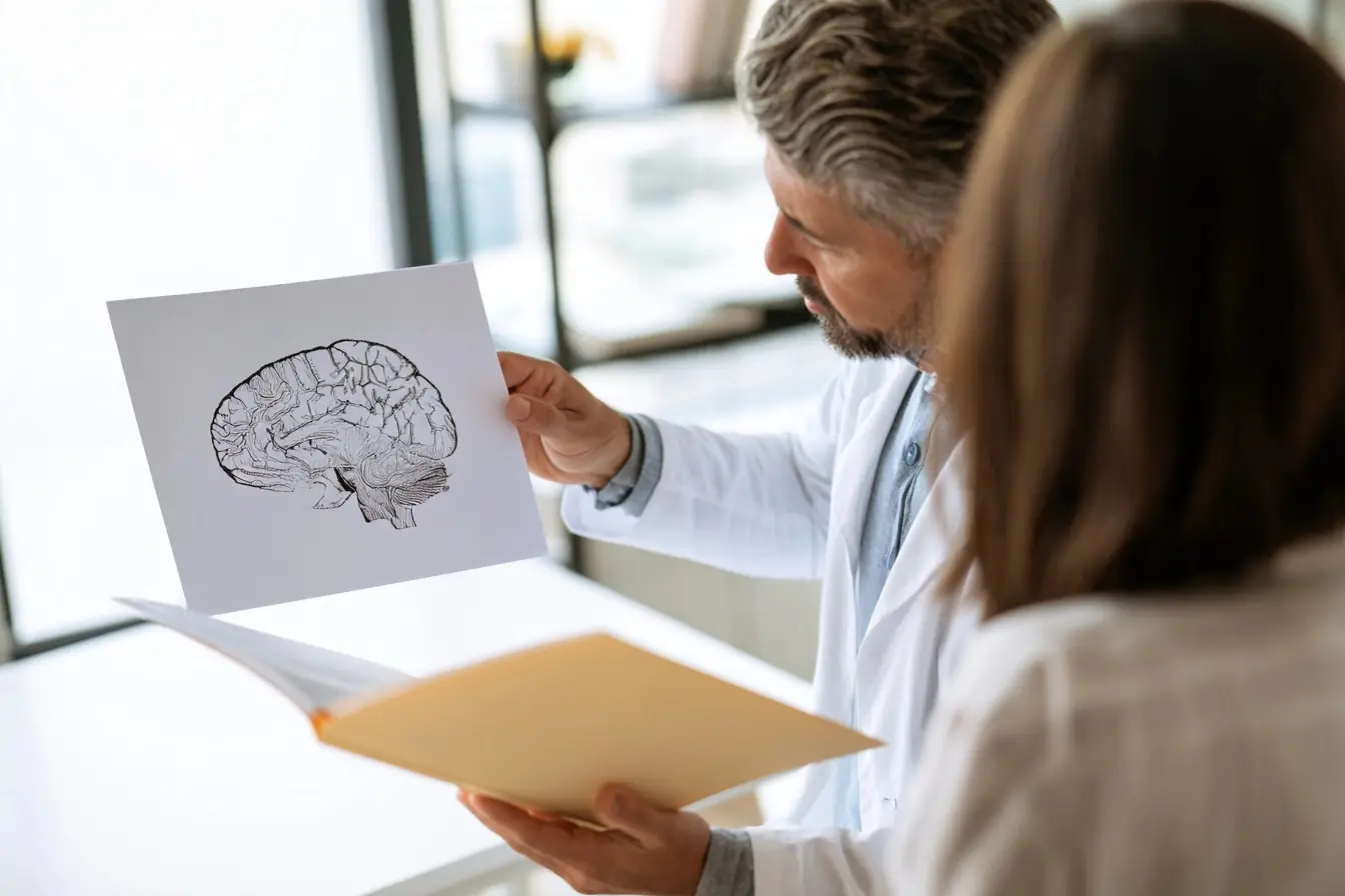 Neurologue face à une patiente en cabinet