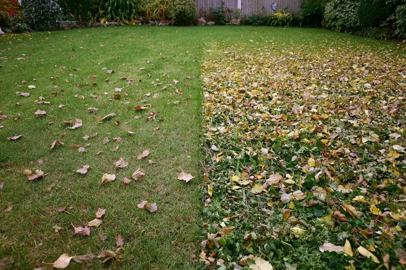 Pelouse entre feuilles clairsemées et épaisses