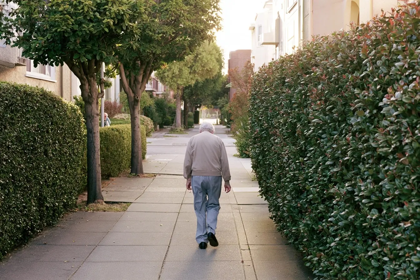 Personne âgée près d’une rue arborée