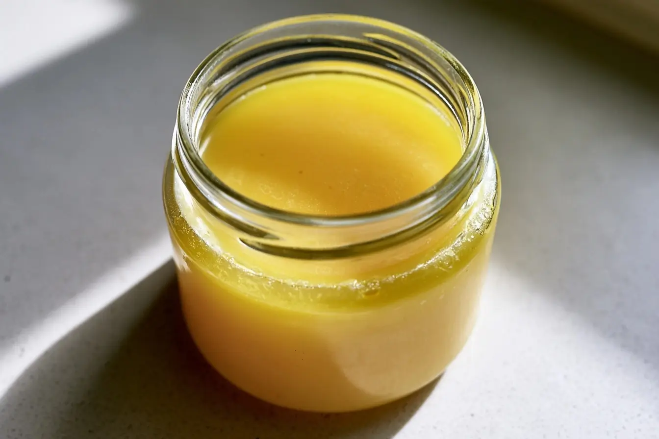 Pot de ghee ouvert sur un plan de travail