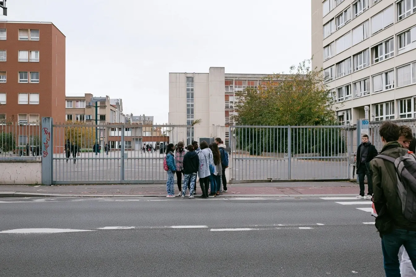 Rue devant un lycée et son blocus