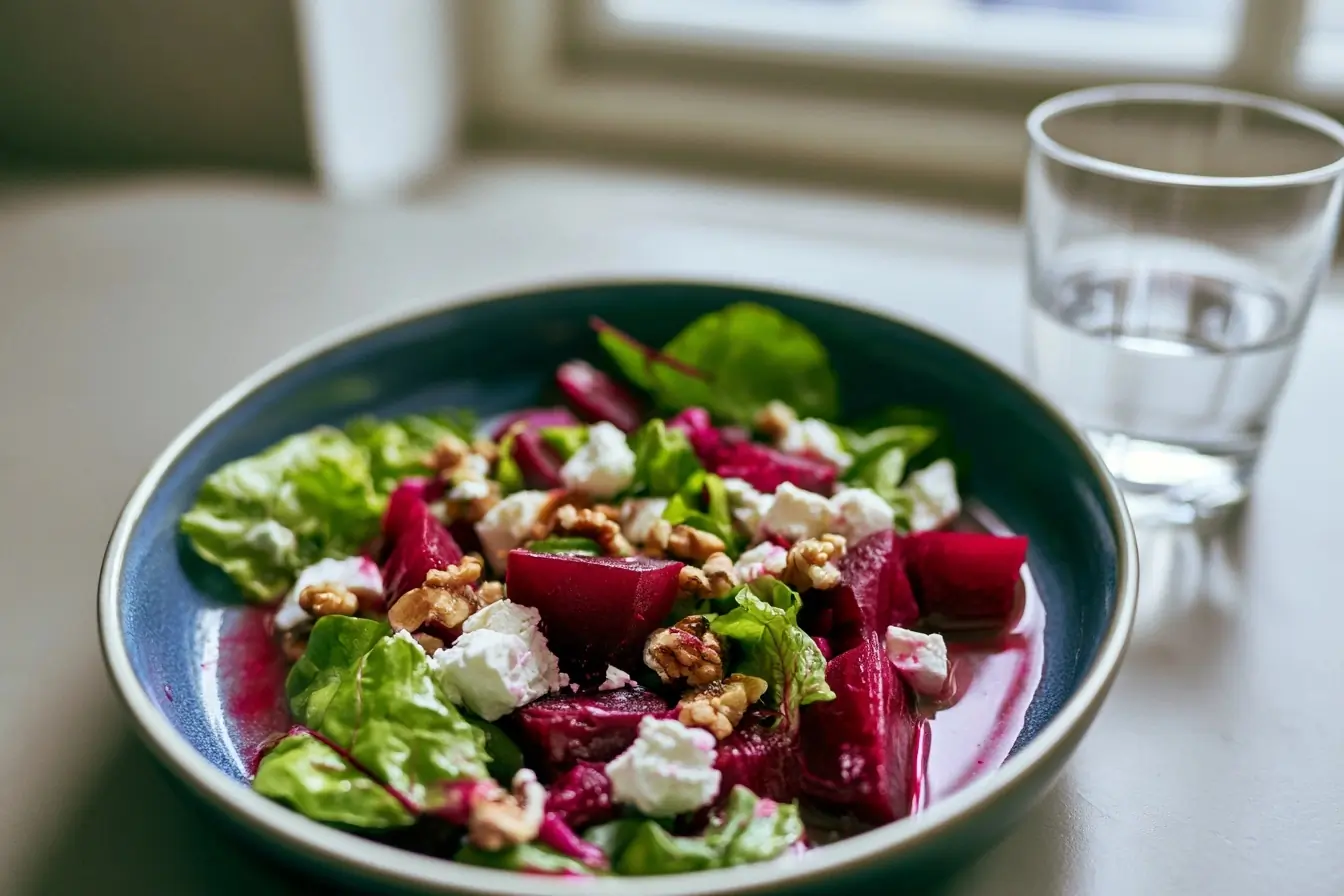 Salade betterave feta noix servie à table