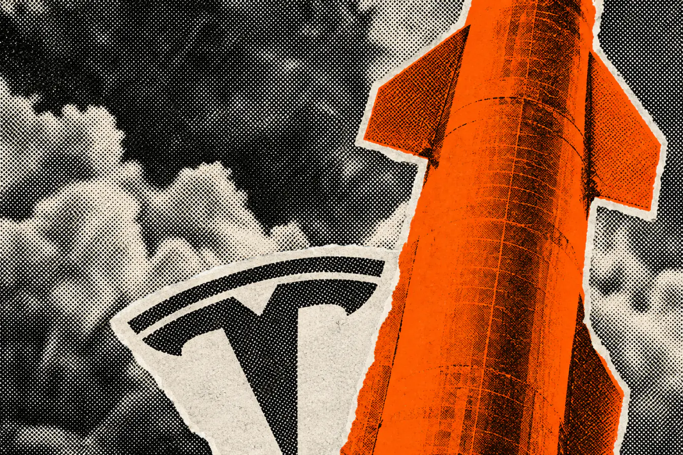 Fusée orange dominant un logo Tesla
