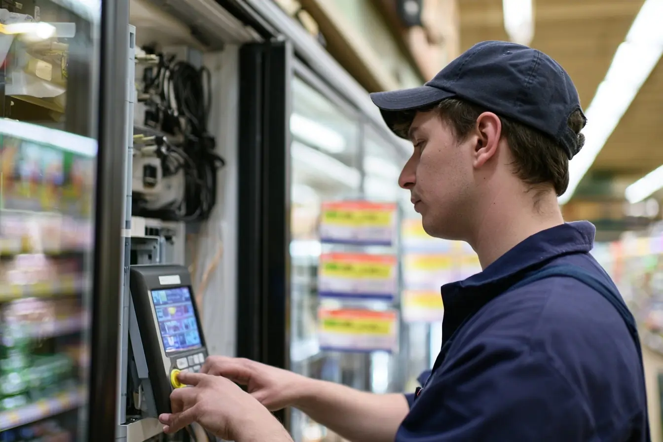 Technicien devant un frigo de supermarché