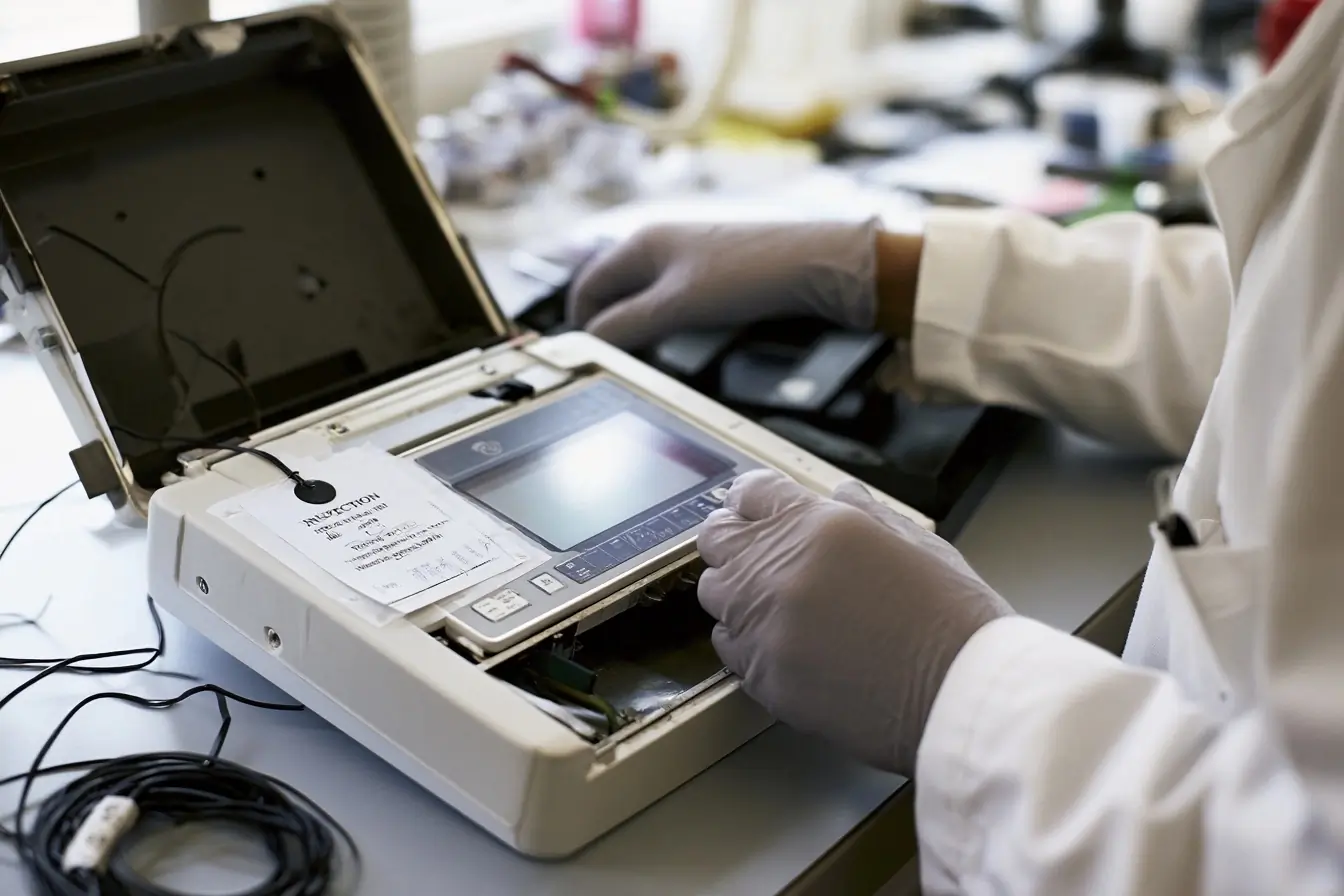 Technicien vérifiant un dispositif médical