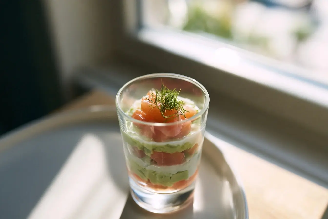 Verrine saumon-avocat servie à table